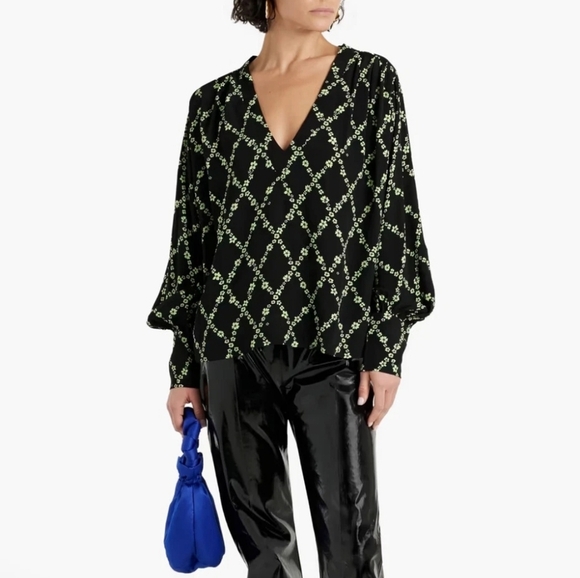 GANNI Black Green Purple Flowers Crepe Balloon Sleeve V Neck Blouse Size 38, 6 - Picture 1 of 16